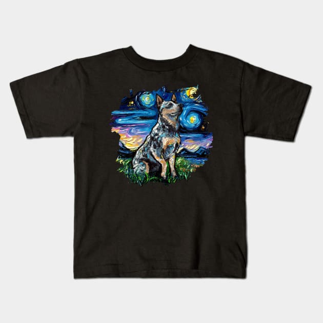 Blue Heeler Night with border Kids T-Shirt by sagittariusgallery